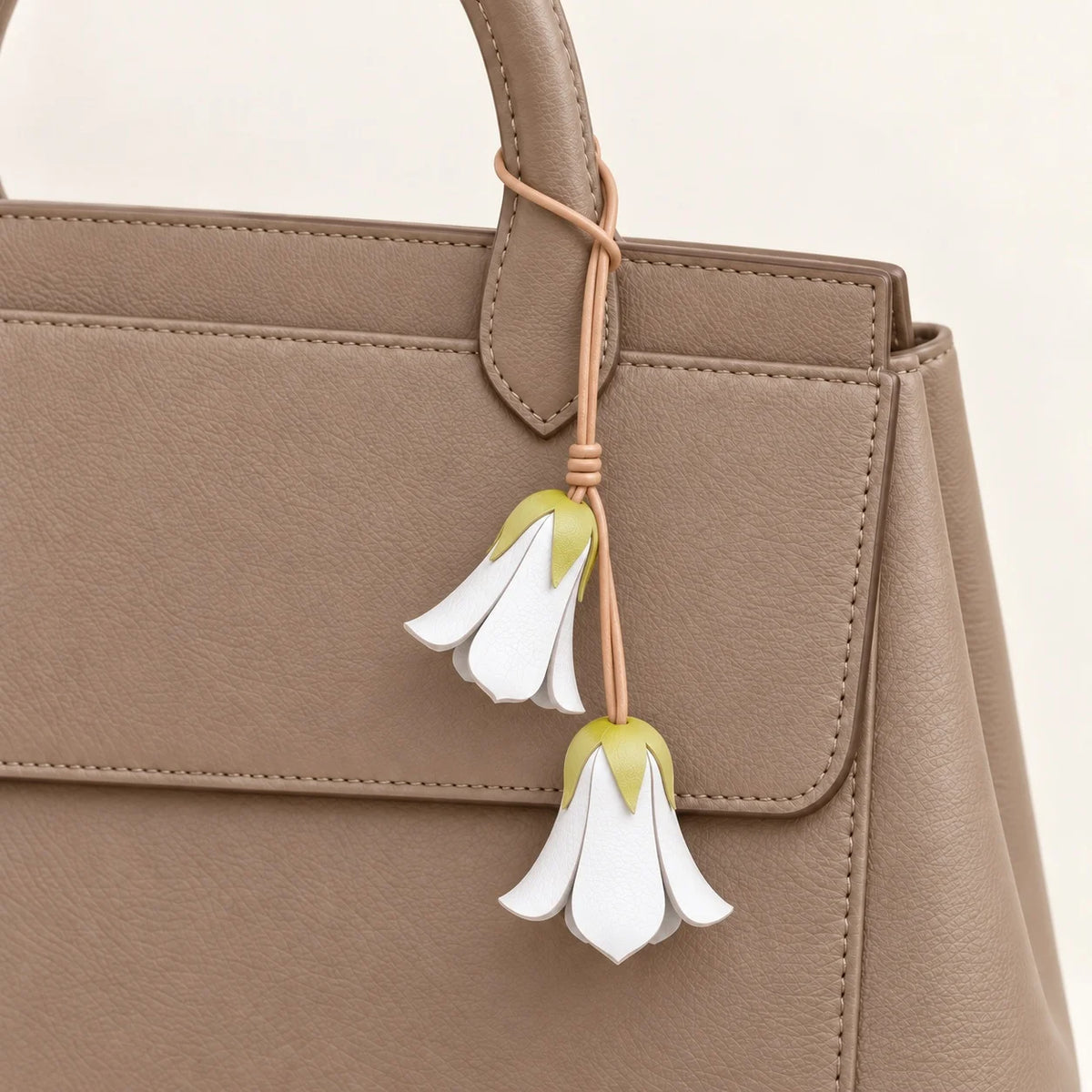 Handcrafted White Bellflower-Inspired Cowhide Leather Bag Charm with Twin Hanging Blooms, Slim Leather Cord and Soft Botanical Detail for Handbags