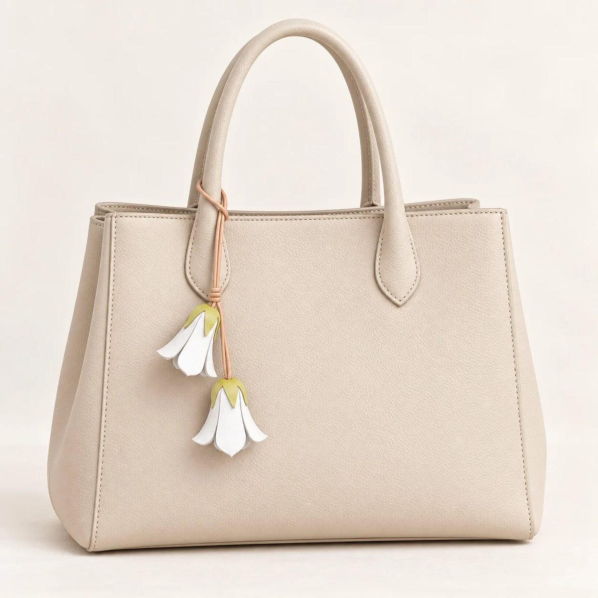 Handcrafted White Bellflower-Inspired Cowhide Leather Bag Charm with Twin Hanging Blooms, Slim Leather Cord and Soft Botanical Detail for Handbags