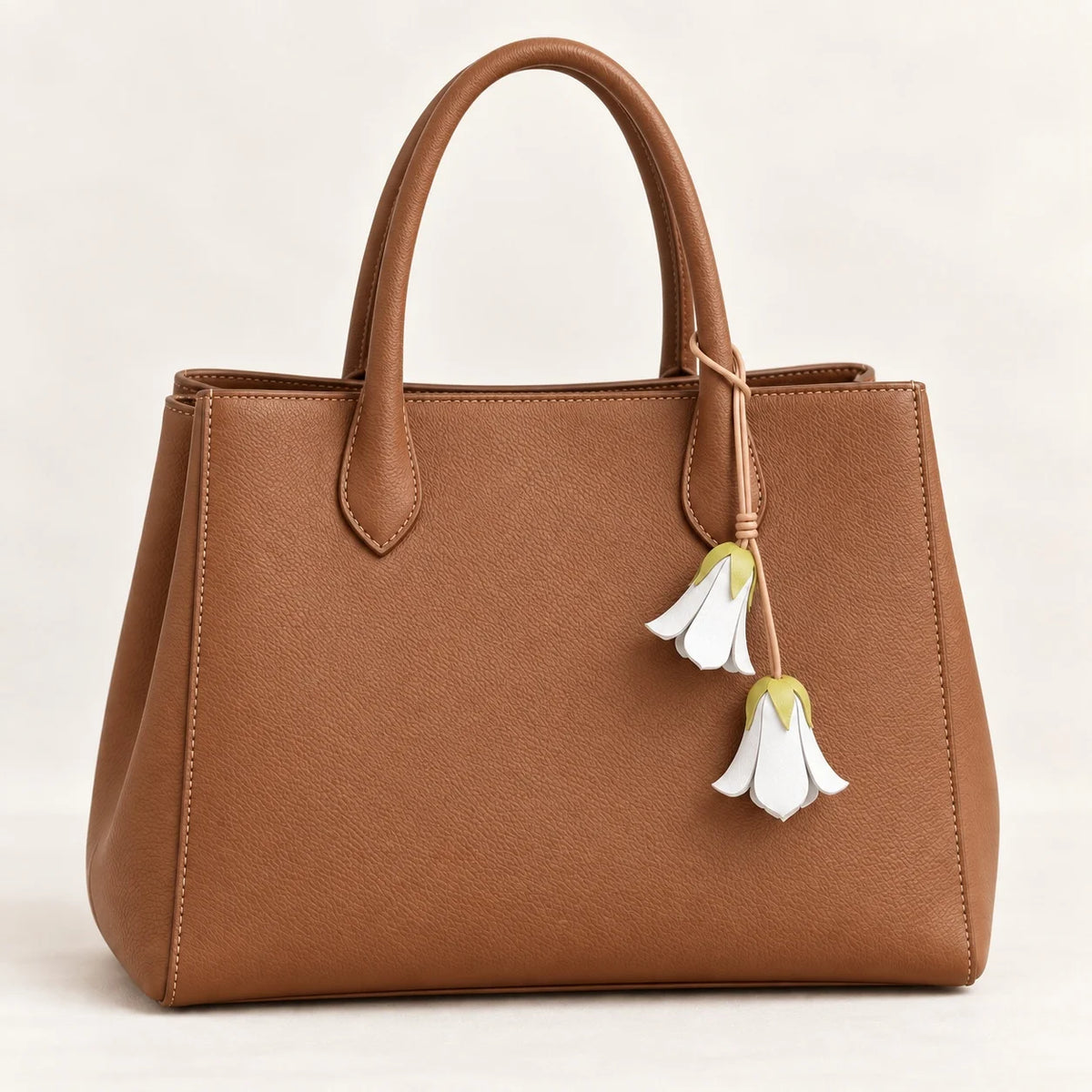 Handcrafted White Bellflower-Inspired Cowhide Leather Bag Charm with Twin Hanging Blooms, Slim Leather Cord and Soft Botanical Detail for Handbags