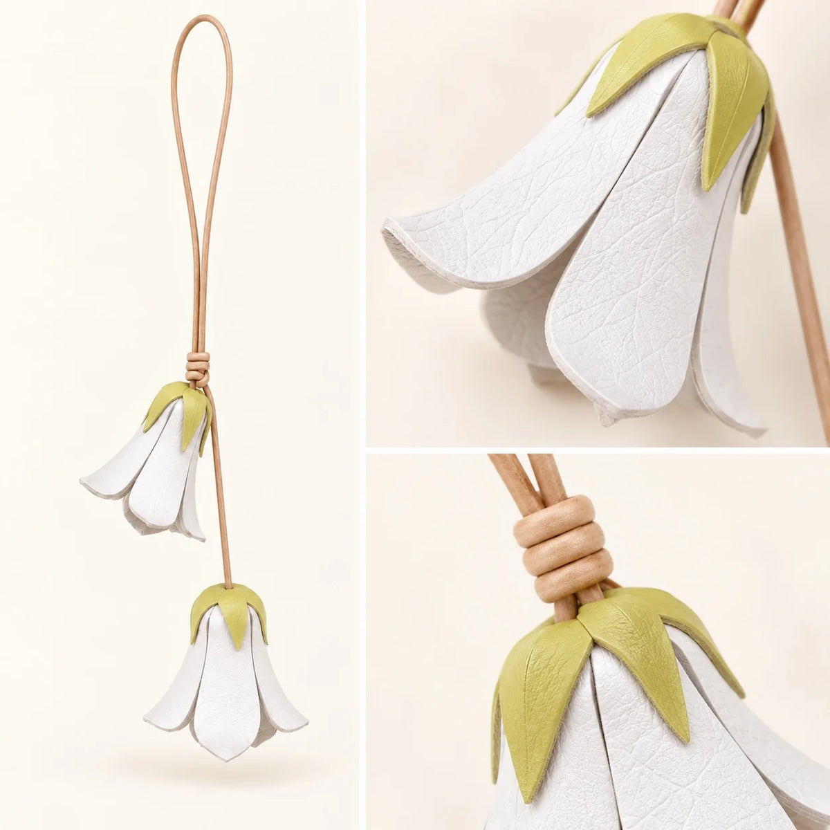 Handcrafted White Bellflower-Inspired Cowhide Leather Bag Charm with Twin Hanging Blooms, Slim Leather Cord and Soft Botanical Detail for Handbags