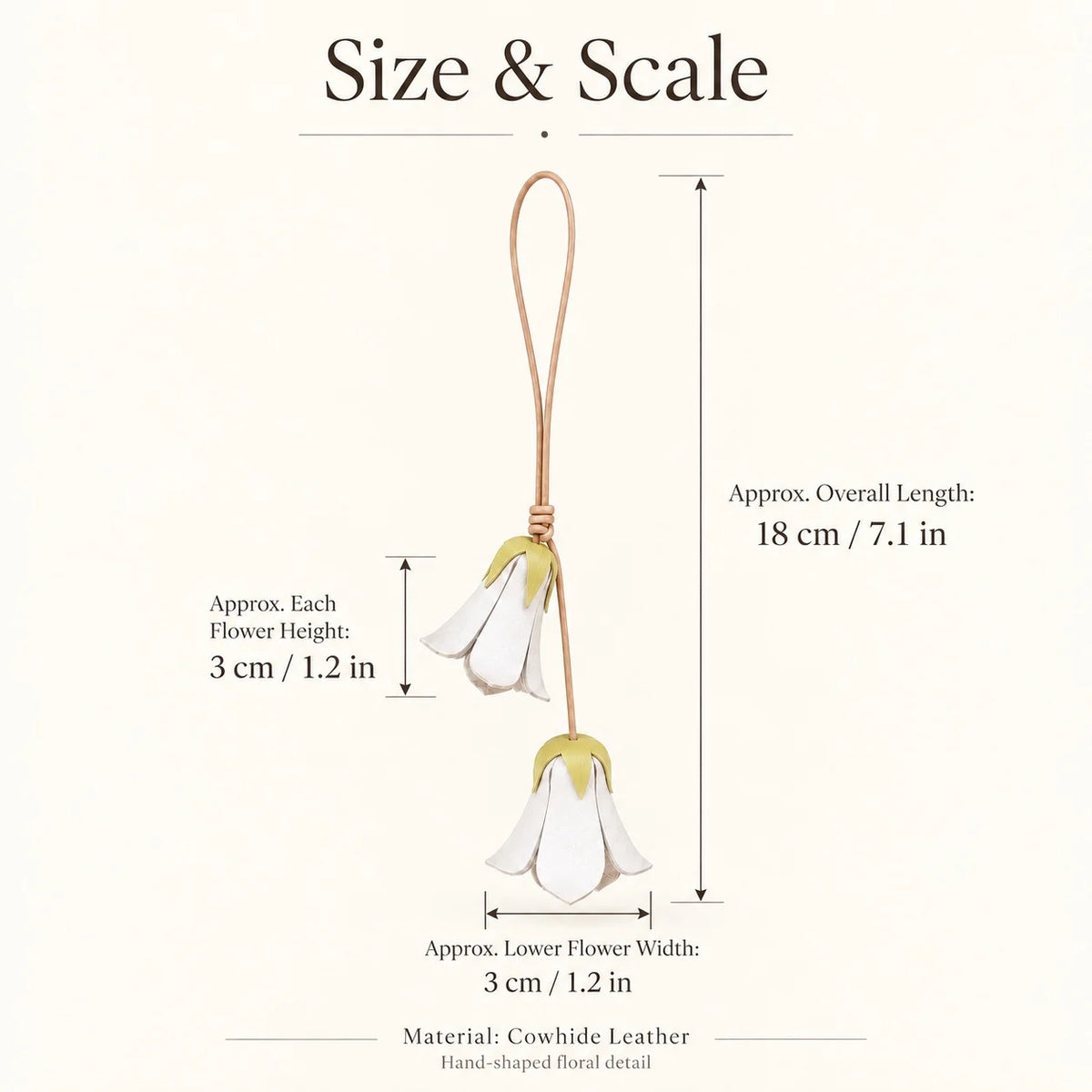 Handcrafted White Bellflower-Inspired Cowhide Leather Bag Charm with Twin Hanging Blooms, Slim Leather Cord and Soft Botanical Detail for Handbags