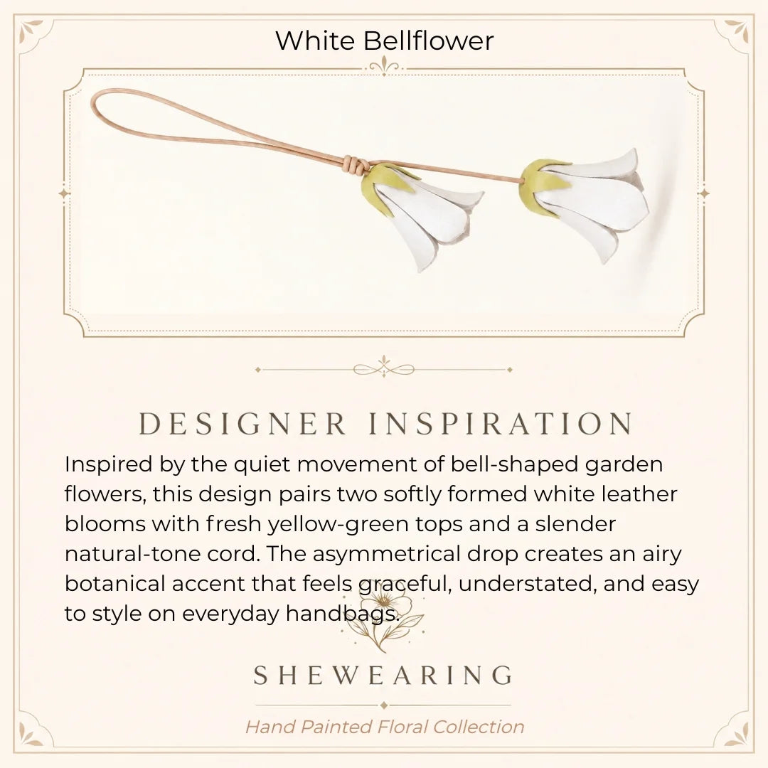Handcrafted White Bellflower-Inspired Cowhide Leather Bag Charm with Twin Hanging Blooms, Slim Leather Cord and Soft Botanical Detail for Handbags