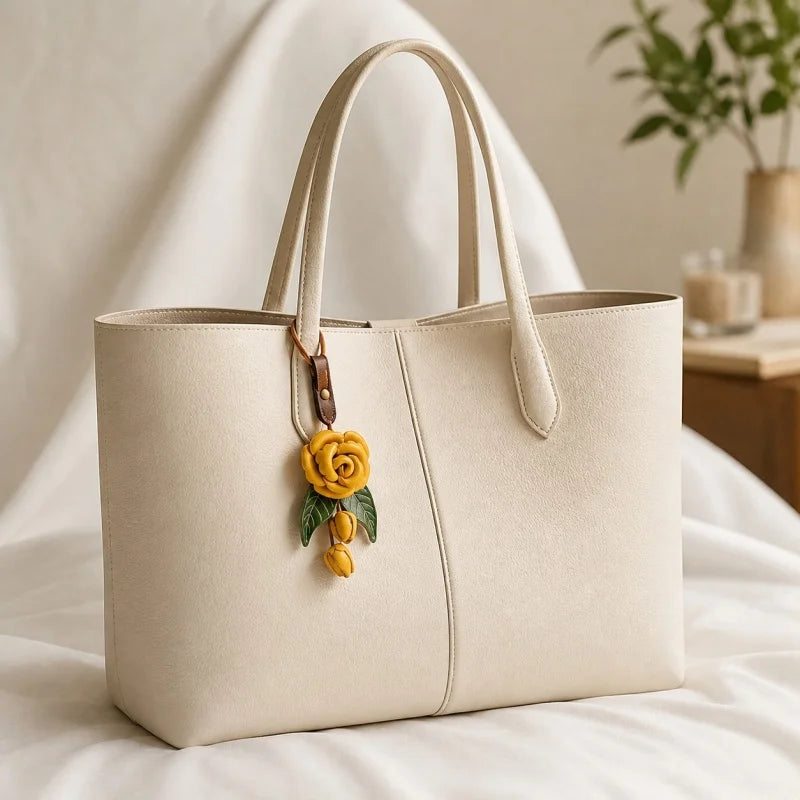 Yellow Rose Leather Bag Charm – Handmade Full-Grain Cowhide Floral Pendant | Hand-Polished Accessory for Tote & Purse Decoration