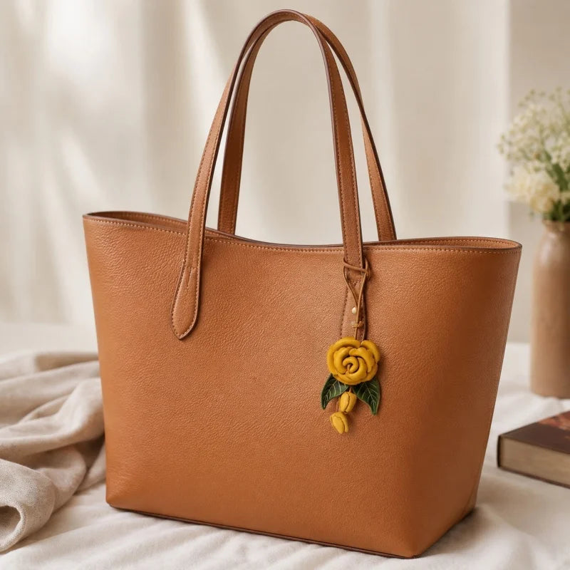 Yellow Rose Leather Bag Charm – Handmade Full-Grain Cowhide Floral Pendant | Hand-Polished Accessory for Tote & Purse Decoration