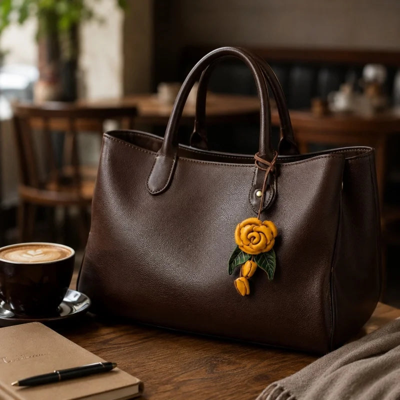 Yellow Rose Leather Bag Charm – Handmade Full-Grain Cowhide Floral Pendant | Hand-Polished Accessory for Tote & Purse Decoration