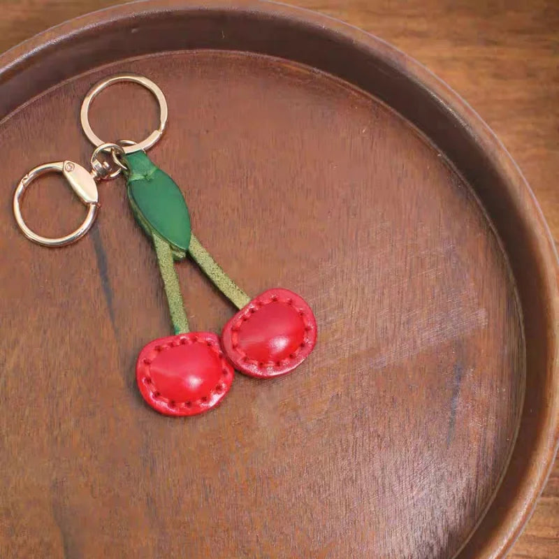 Classic Cherry Leather Bag Charm – Handmade Full-Grain Cowhide Pendant | Artisan Double-Cherry Keychain | Whimsical Accessory for Handbags & Gifts