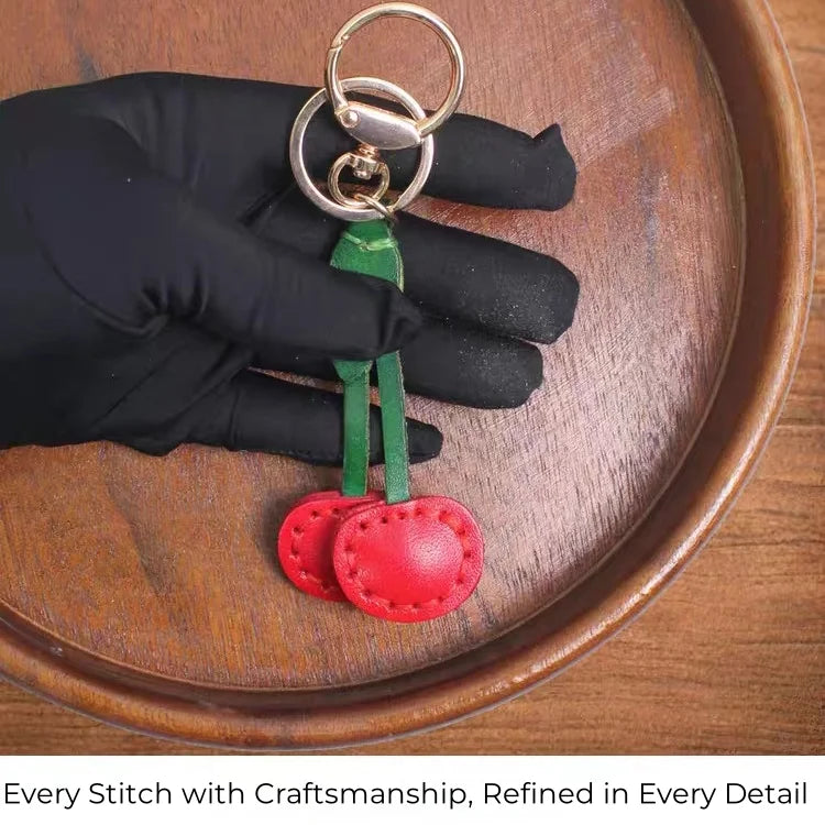 Classic Cherry Leather Bag Charm – Handmade Full-Grain Cowhide Pendant | Artisan Double-Cherry Keychain | Whimsical Accessory for Handbags & Gifts