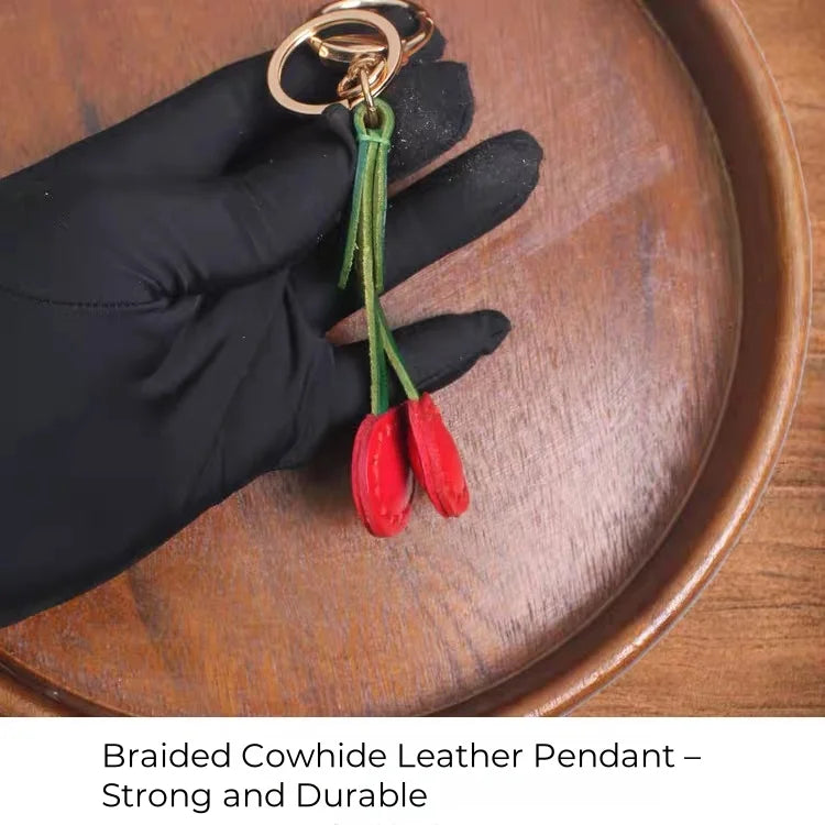Classic Cherry Leather Bag Charm – Handmade Full-Grain Cowhide Pendant | Artisan Double-Cherry Keychain | Whimsical Accessory for Handbags & Gifts