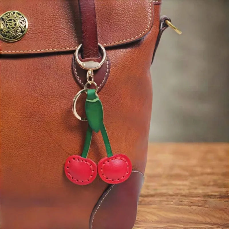 Classic Cherry Leather Bag Charm – Handmade Full-Grain Cowhide Pendant | Artisan Double-Cherry Keychain | Whimsical Accessory for Handbags & Gifts