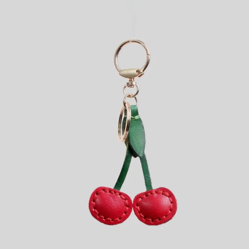 Classic Cherry Leather Bag Charm – Handmade Full-Grain Cowhide Pendant | Artisan Double-Cherry Keychain | Whimsical Accessory for Handbags & Gifts