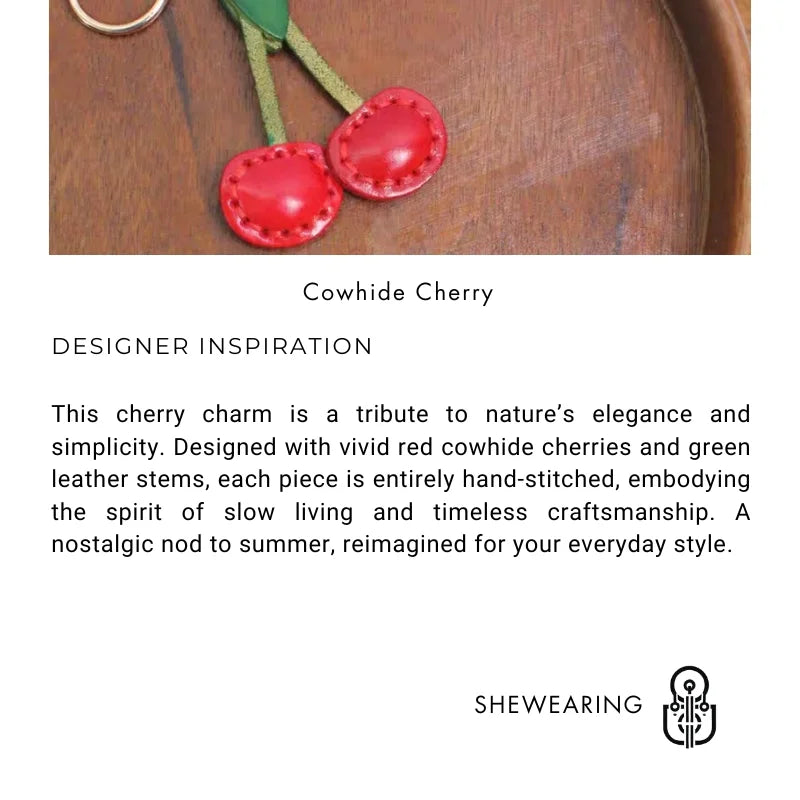 Classic Cherry Leather Bag Charm – Handmade Full-Grain Cowhide Pendant | Artisan Double-Cherry Keychain | Whimsical Accessory for Handbags & Gifts