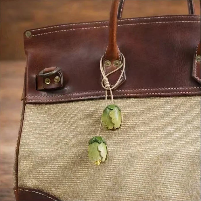 Handmade Tulip Bud Leather Bag Charm – Full-Grain Cowhide Pendant | Artisan Floral Keychain | Unique Leather Handbag Decoration