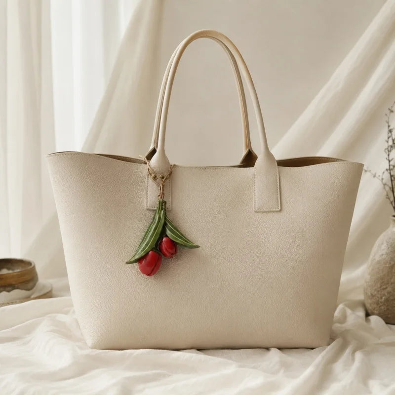 Handmade Tulip Leather Bag Charm – Full-Grain Cowhide Flower Pendant | Artisan Handcrafted Accessory | Unique Leather Handbag Decoration