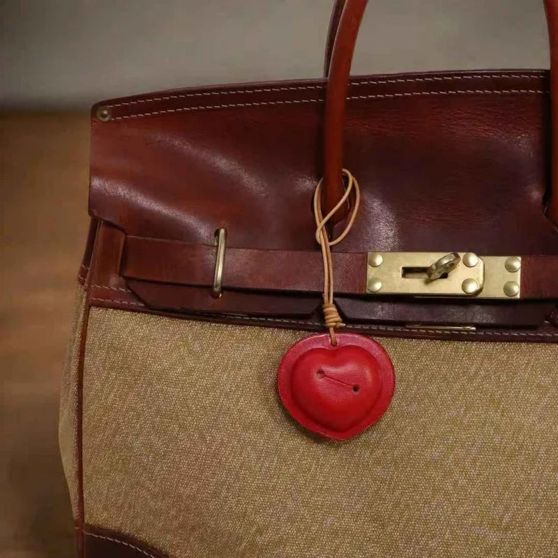 Vintage Heart Bell Leather Bag Charm – Handmade Full-Grain Cowhide Pendant | Retro Love Keychain | Unique Gift Accessory