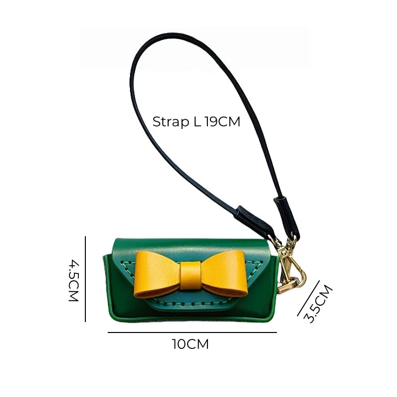 Handmade Leather Bow Lipstick Charm – Mini Bag Pendant with Keychain | Portable Cowhide Organizer for Lipstick, Coins & Accessories