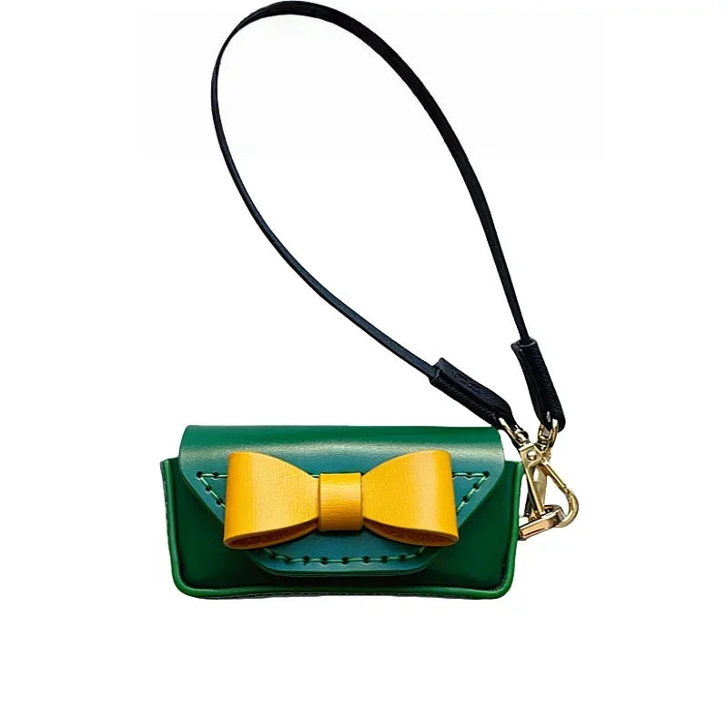 Handmade Leather Bow Lipstick Charm – Mini Bag Pendant with Keychain | Portable Cowhide Organizer for Lipstick, Coins & Accessories