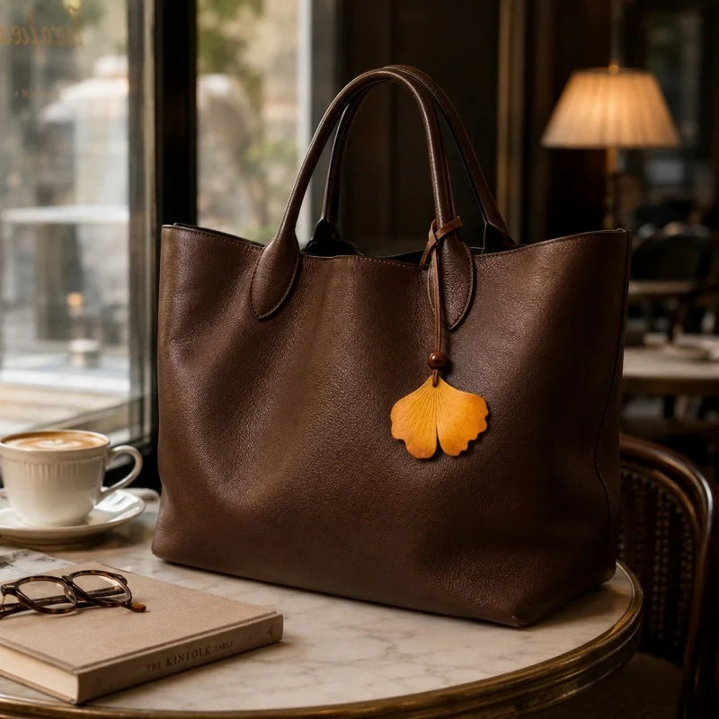 Colgante de cuero Ginkgo Otoñal – Dije artesanal pintado a mano | Accesorio escultórico fluido para bolsos | Regalo elegante para ella