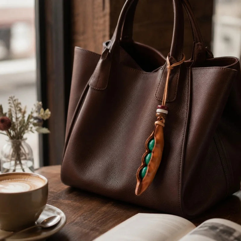 Vintage Leather Pea Pod Bag Charm – Handcrafted Full-Grain Cowhide Keychain Pendant | Artisan Gift Accessory | Unisex Retro-Inspired Edamame Ornament