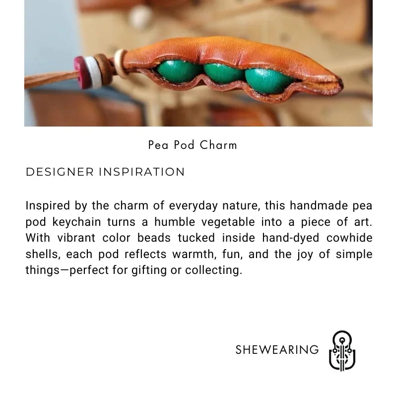 Vintage Leather Pea Pod Bag Charm – Handcrafted Full-Grain Cowhide Keychain Pendant | Artisan Gift Accessory | Unisex Retro-Inspired Edamame Ornament