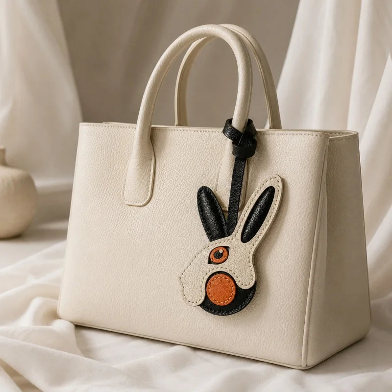 Moderno dije de piel de conejo para bolso – Llavero de conejo bicolor hecho a mano | Accesorio minimalista y divertido | Un regalo precioso para mujer