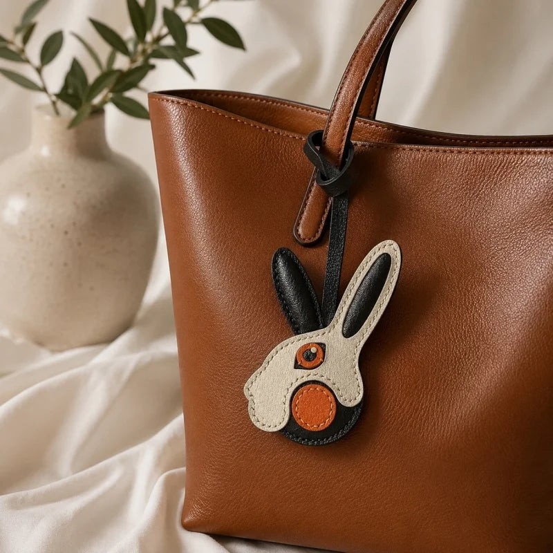 Moderno dije de piel de conejo para bolso – Llavero de conejo bicolor hecho a mano | Accesorio minimalista y divertido | Un regalo precioso para mujer