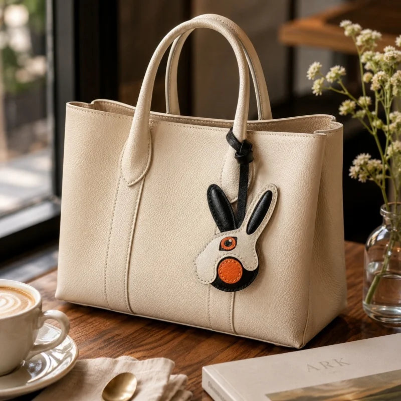 Moderno dije de piel de conejo para bolso – Llavero de conejo bicolor hecho a mano | Accesorio minimalista y divertido | Un regalo precioso para mujer