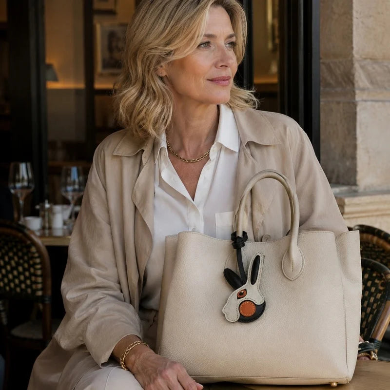 Moderno dije de piel de conejo para bolso – Llavero de conejo bicolor hecho a mano | Accesorio minimalista y divertido | Un regalo precioso para mujer