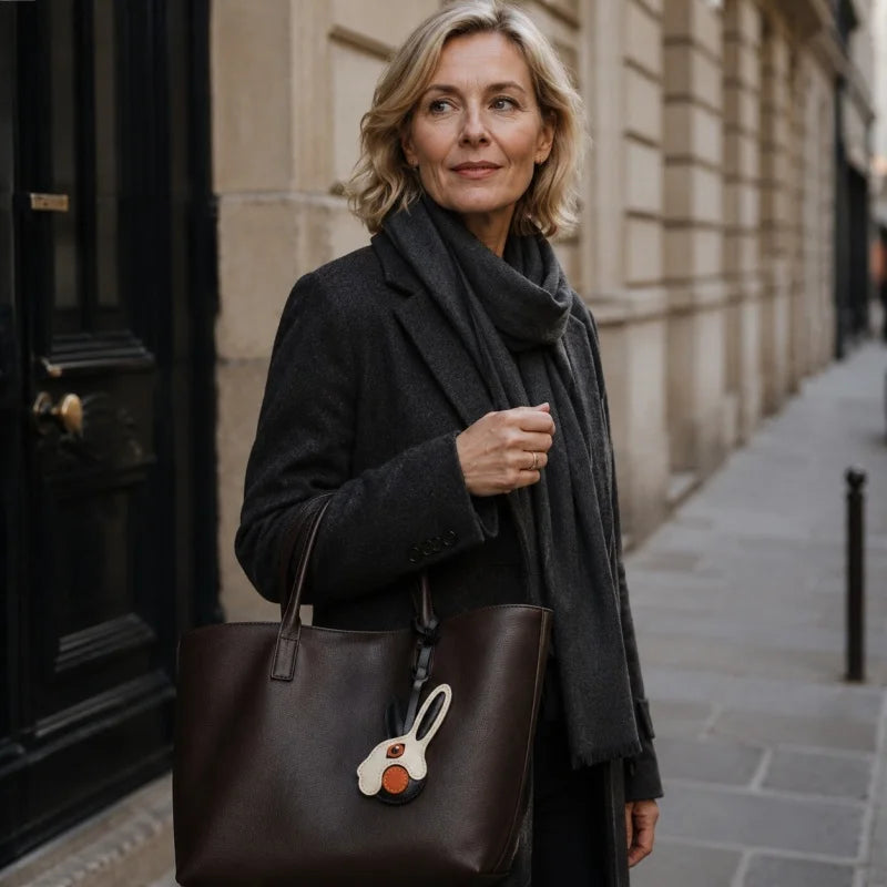 Moderno dije de piel de conejo para bolso – Llavero de conejo bicolor hecho a mano | Accesorio minimalista y divertido | Un regalo precioso para mujer