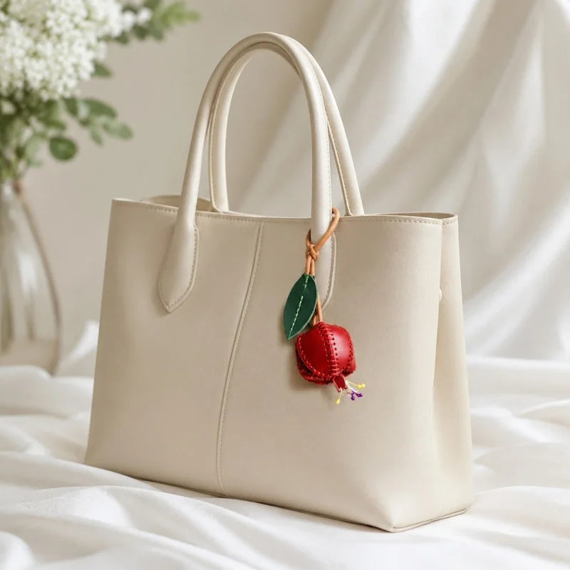 Dije de granada de cuero cosido a mano – Colgante para bolso de cuero curtido vegetal premium | Accesorio creativo para bolsos y llaveros