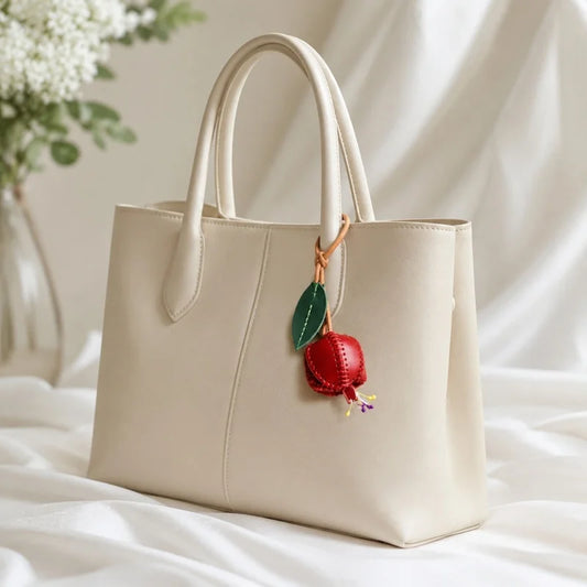 Dije de granada de cuero cosido a mano – Colgante para bolso de cuero curtido vegetal premium | Accesorio creativo para bolsos y llaveros