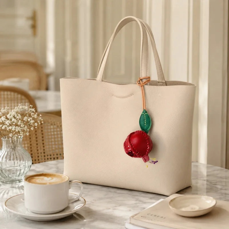 Dije de granada de cuero cosido a mano – Colgante para bolso de cuero curtido vegetal premium | Accesorio creativo para bolsos y llaveros