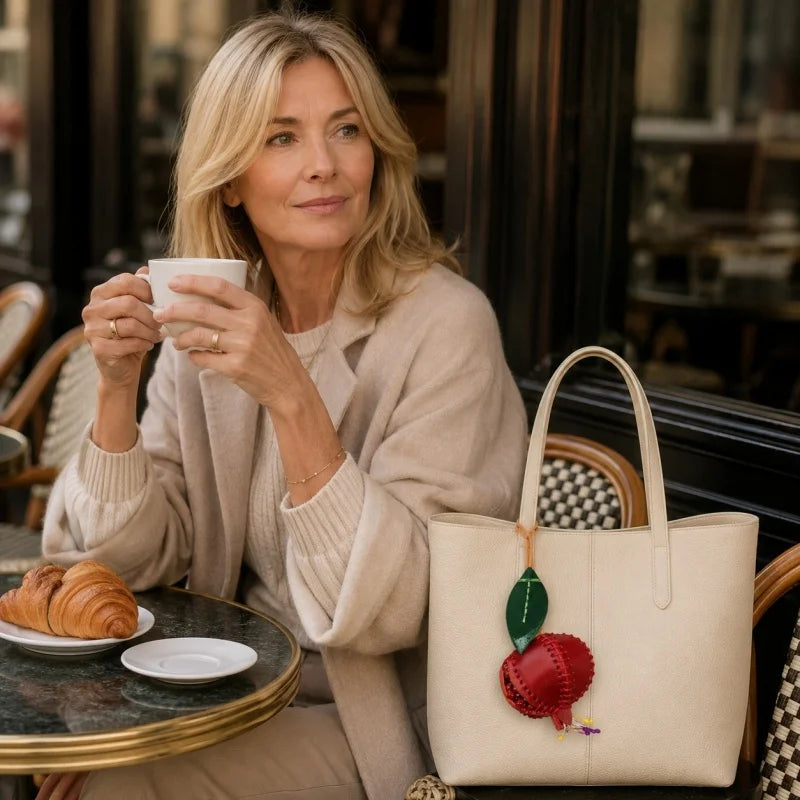 Dije de granada de cuero cosido a mano – Colgante para bolso de cuero curtido vegetal premium | Accesorio creativo para bolsos y llaveros