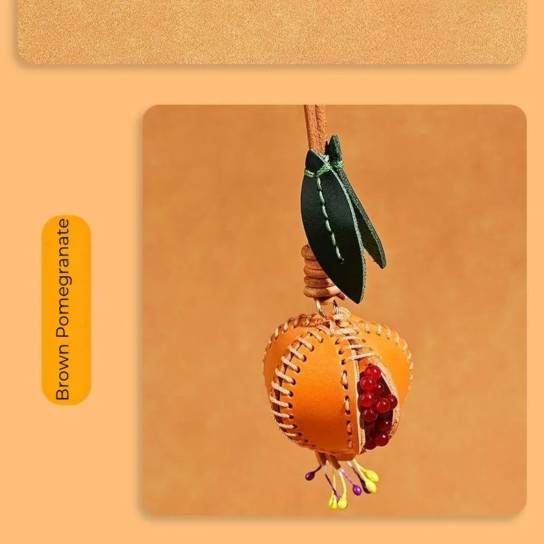 Hand-stitched Leather Pomegranate Charm – Premium Vegetable-tanned Leather Bag Pendant | Creative Accessory for Bags & Keychains