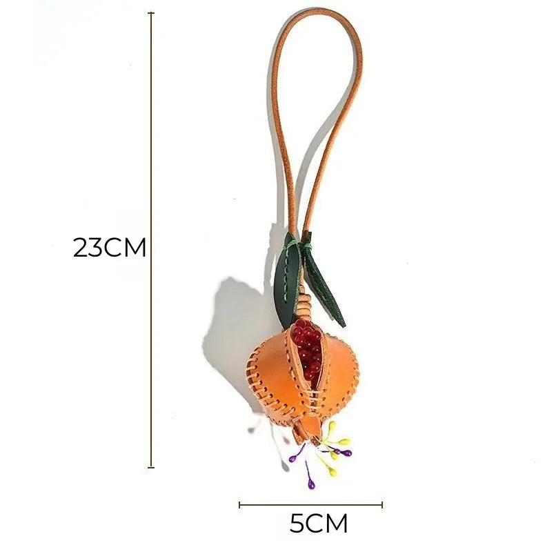 Hand-stitched Leather Pomegranate Charm – Premium Vegetable-tanned Leather Bag Pendant | Creative Accessory for Bags & Keychains