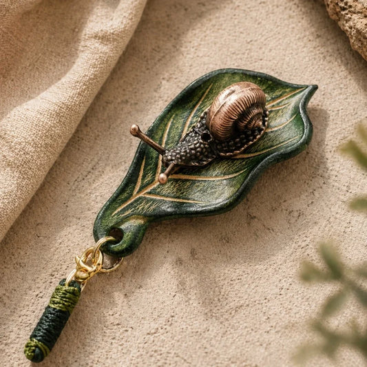 Handcrafted Leather Leaf & Bronze Snail Bag Charm – Unique Nature-Inspired Pendant | Artistic Handmade Accessory for Bags, Keys & Gifts