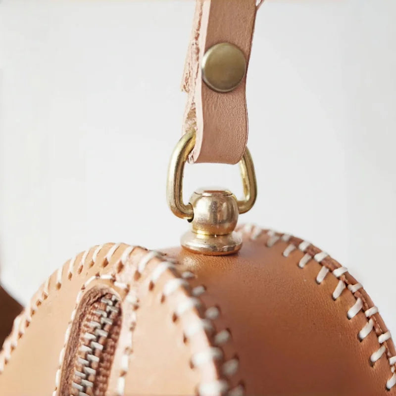 Vintage Baseball-Inspired Leather Coin & Lipstick Case – Handmade Mini Bag Charm | Creative Retro Design with Zipper Closure | Unique Gift & Accessory
