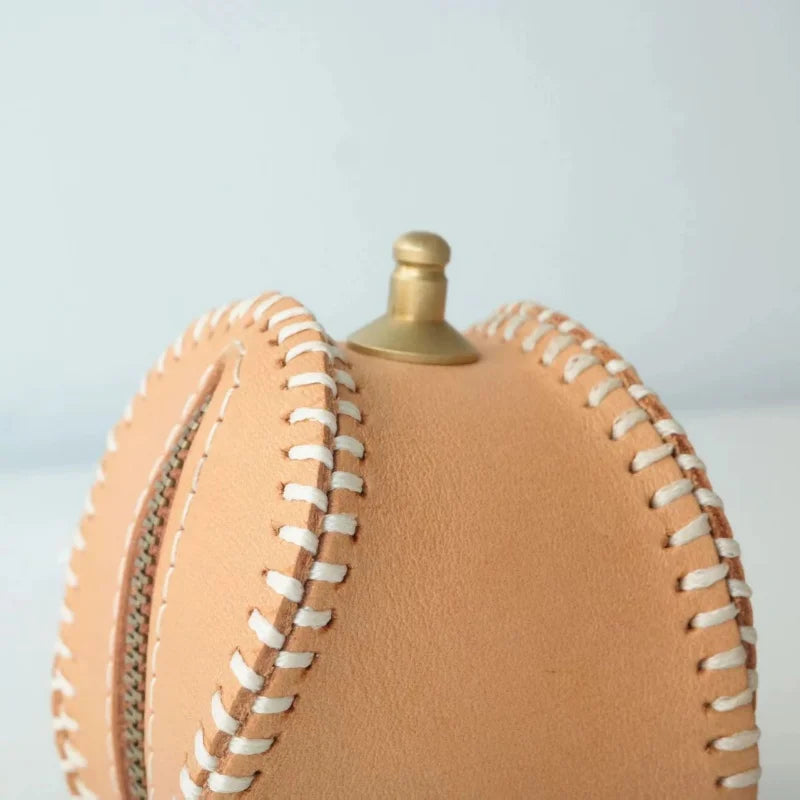 Vintage Baseball-Inspired Leather Coin & Lipstick Case – Handmade Mini Bag Charm | Creative Retro Design with Zipper Closure | Unique Gift & Accessory