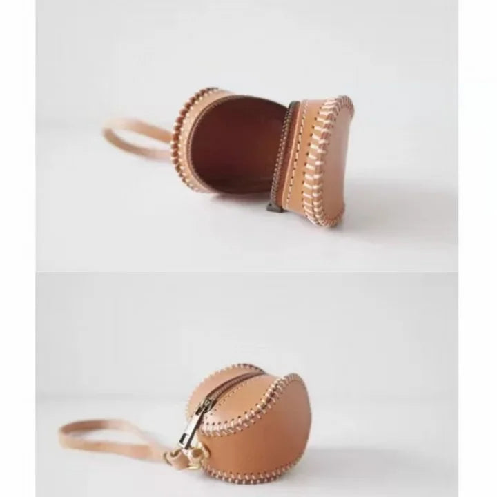 Vintage Baseball-Inspired Leather Coin & Lipstick Case – Handmade Mini Bag Charm | Creative Retro Design with Zipper Closure | Unique Gift & Accessory