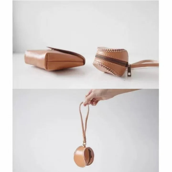 Vintage Baseball-Inspired Leather Coin & Lipstick Case – Handmade Mini Bag Charm | Creative Retro Design with Zipper Closure | Unique Gift & Accessory