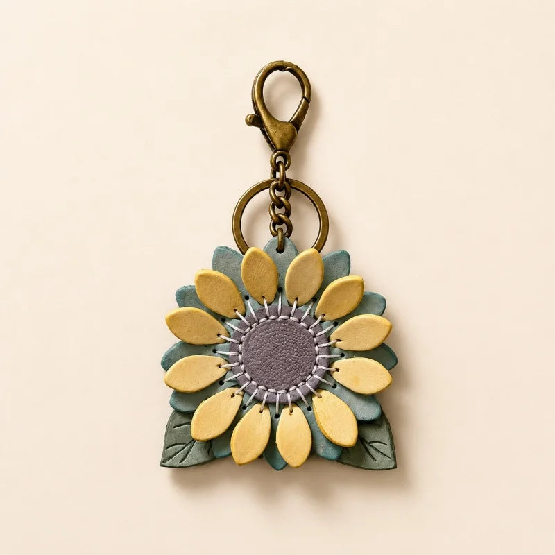 Dije de girasol para bolso – Llavero floral de cuero encerado de grano completo hecho a mano | Colgante de flor artesanal «Un futuro lleno de esperanza» | Regalo elegante para ella