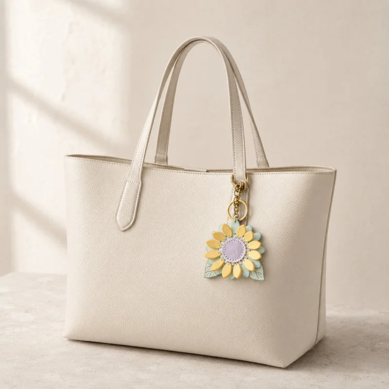 Dije de girasol para bolso – Llavero floral de cuero encerado de grano completo hecho a mano | Colgante de flor artesanal «Un futuro lleno de esperanza» | Regalo elegante para ella