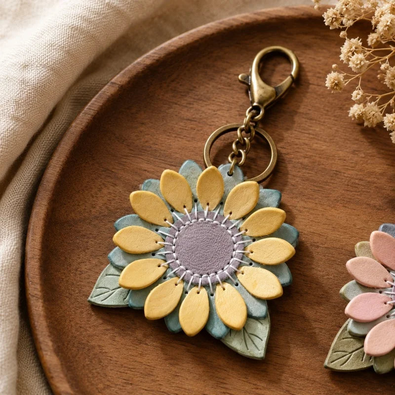 Dije de girasol para bolso – Llavero floral de cuero encerado de grano completo hecho a mano | Colgante de flor artesanal «Un futuro lleno de esperanza» | Regalo elegante para ella