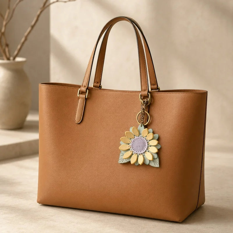 Dije de girasol para bolso – Llavero floral de cuero encerado de grano completo hecho a mano | Colgante de flor artesanal «Un futuro lleno de esperanza» | Regalo elegante para ella