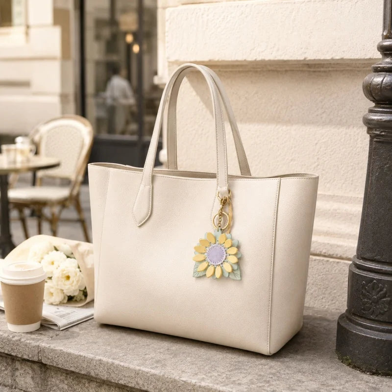 Dije de girasol para bolso – Llavero floral de cuero encerado de grano completo hecho a mano | Colgante de flor artesanal «Un futuro lleno de esperanza» | Regalo elegante para ella