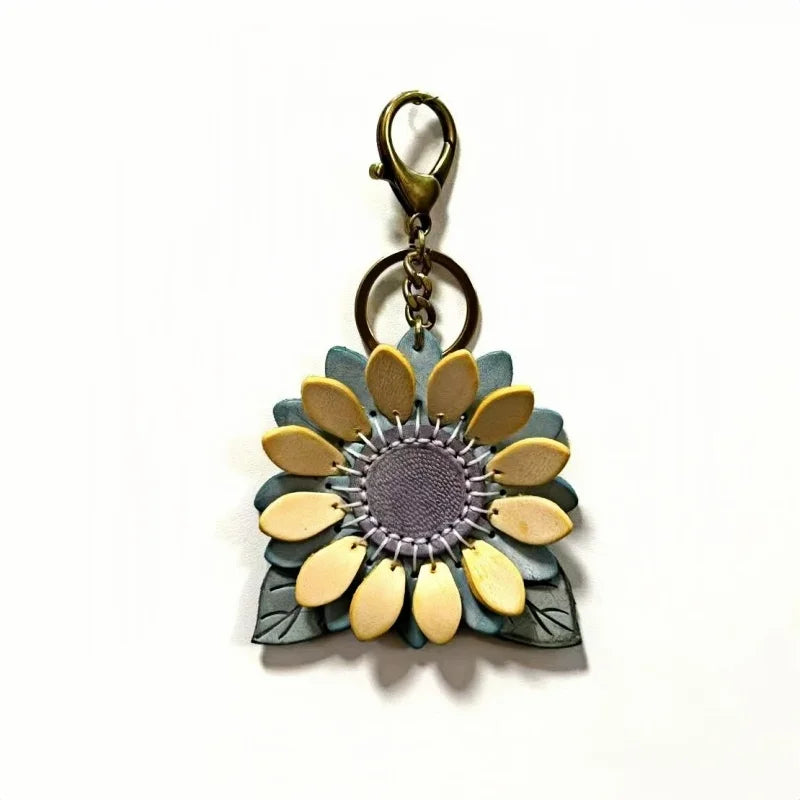 Dije de girasol para bolso – Llavero floral de cuero encerado de grano completo hecho a mano | Colgante de flor artesanal «Un futuro lleno de esperanza» | Regalo elegante para ella
