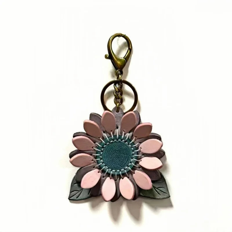 Dije de girasol para bolso – Llavero floral de cuero encerado de grano completo hecho a mano | Colgante de flor artesanal «Un futuro lleno de esperanza» | Regalo elegante para ella