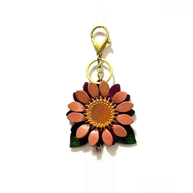 Dije de girasol para bolso – Llavero floral de cuero encerado de grano completo hecho a mano | Colgante de flor artesanal «Un futuro lleno de esperanza» | Regalo elegante para ella
