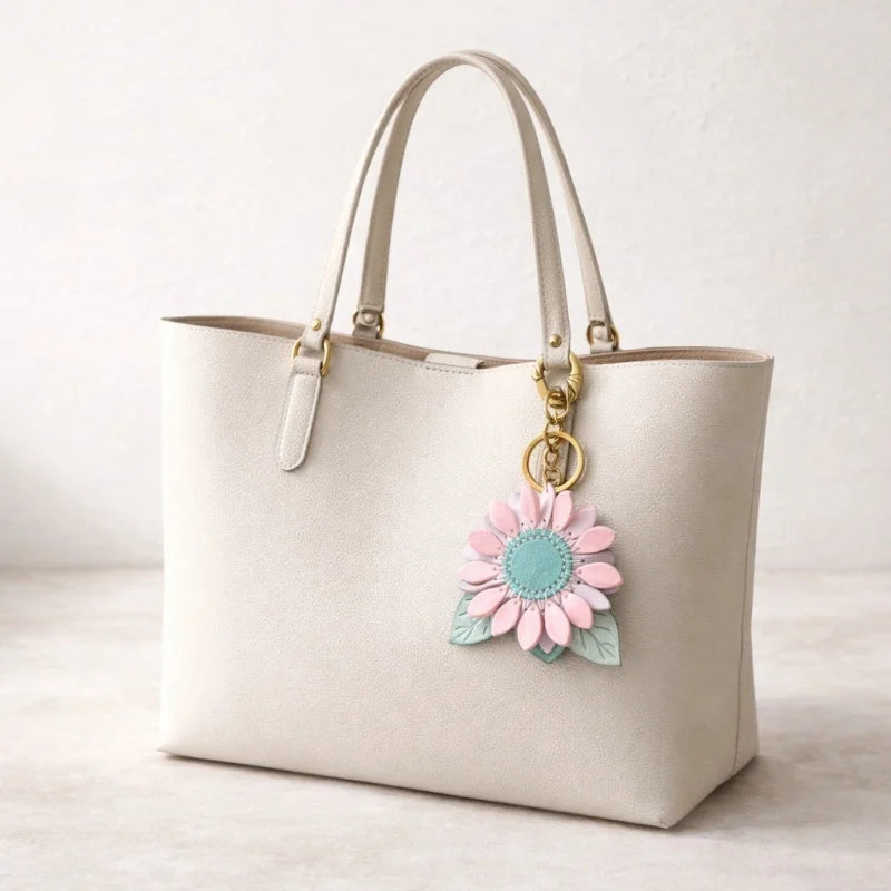 Dije de girasol para bolso – Llavero floral de cuero encerado de grano completo hecho a mano | Colgante de flor artesanal «Un futuro lleno de esperanza» | Regalo elegante para ella
