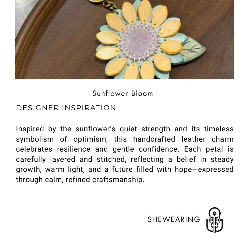 Dije de girasol para bolso – Llavero floral de cuero encerado de grano completo hecho a mano | Colgante de flor artesanal «Un futuro lleno de esperanza» | Regalo elegante para ella