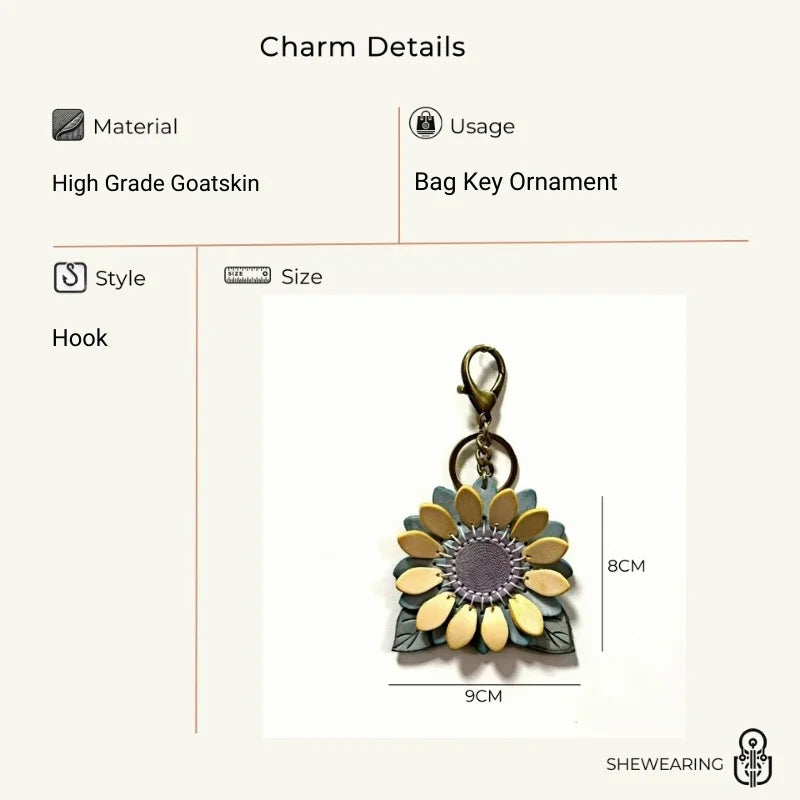 Dije de girasol para bolso – Llavero floral de cuero encerado de grano completo hecho a mano | Colgante de flor artesanal «Un futuro lleno de esperanza» | Regalo elegante para ella